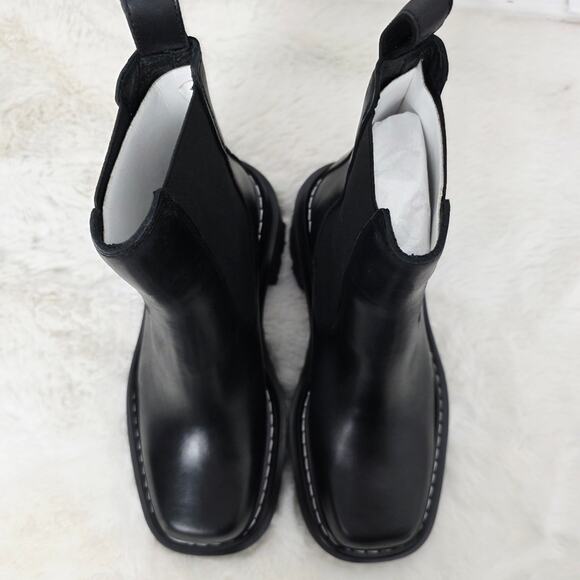 NEW Sandro Chelsea Ankle Boots EU 37 Black Leather Chunky Lug Sole Square Toe - Picture 5 of 16